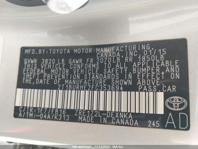 Photo 8 VIN: 2T1BURHE2FC353694 - TOYOTA COROLLA 