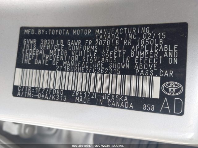 Photo 8 VIN: 2T1BURHE2FC362315 - TOYOTA COROLLA 