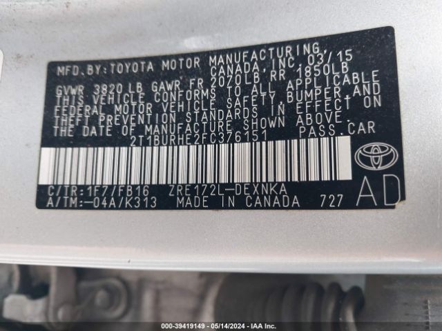 Photo 8 VIN: 2T1BURHE2FC376151 - TOYOTA COROLLA 