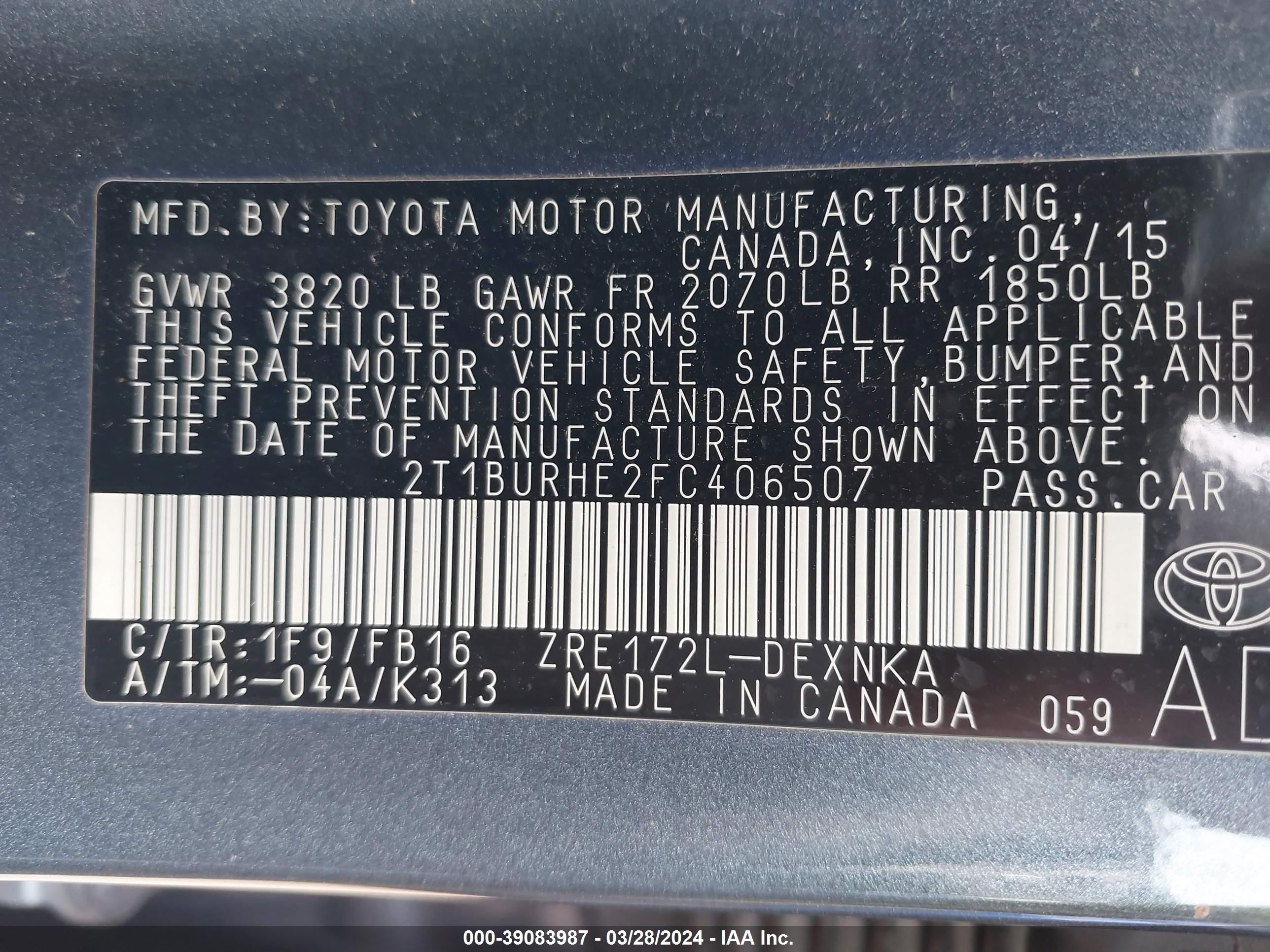 Photo 8 VIN: 2T1BURHE2FC406507 - TOYOTA COROLLA 