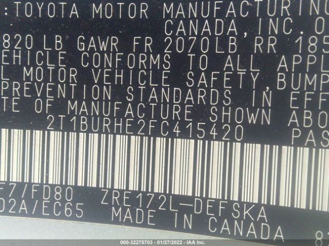 Photo 8 VIN: 2T1BURHE2FC415420 - TOYOTA COROLLA 