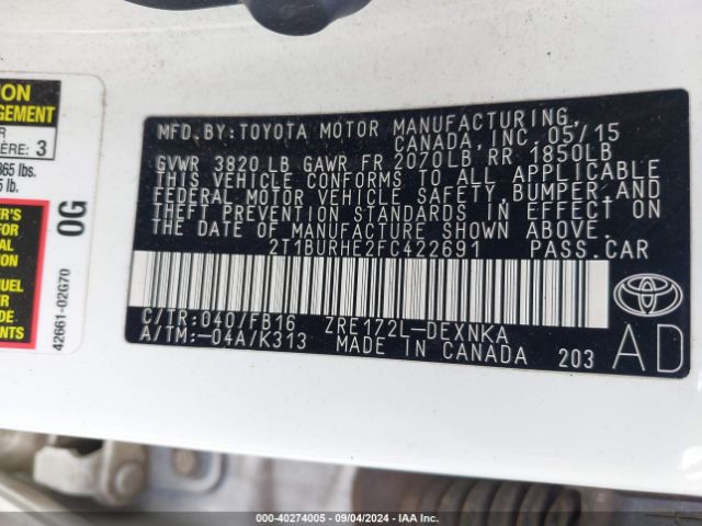 Photo 8 VIN: 2T1BURHE2FC422691 - TOYOTA COROLLA 