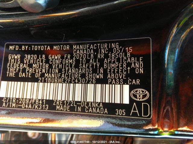 Photo 8 VIN: 2T1BURHE2FC430726 - TOYOTA COROLLA 