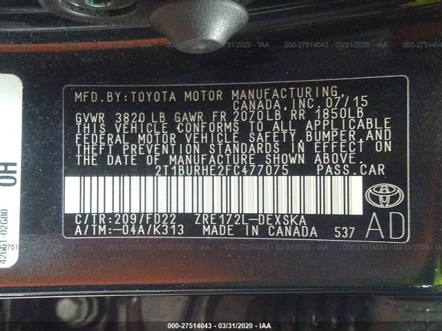 Photo 8 VIN: 2T1BURHE2FC477075 - TOYOTA COROLLA 