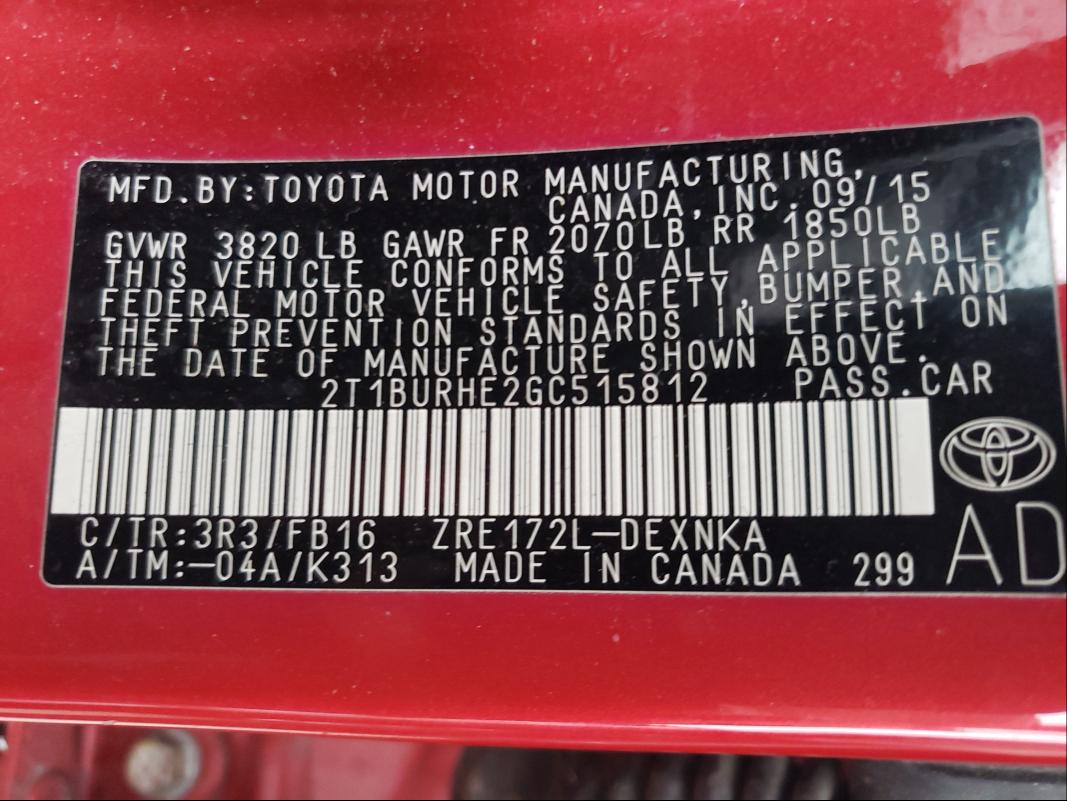 Photo 9 VIN: 2T1BURHE2GC515812 - TOYOTA COROLLA L 