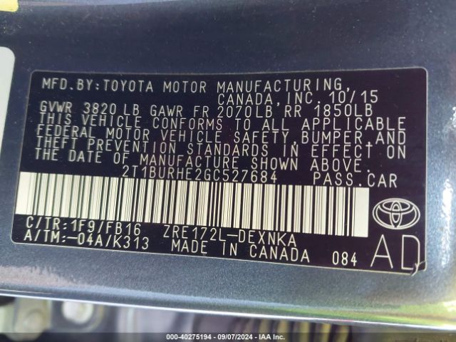 Photo 8 VIN: 2T1BURHE2GC527684 - TOYOTA COROLLA 