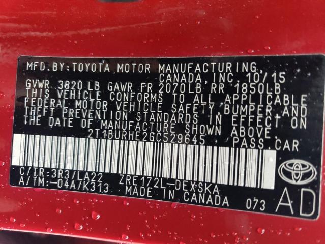 Photo 11 VIN: 2T1BURHE2GC529645 - TOYOTA COROLLA L 