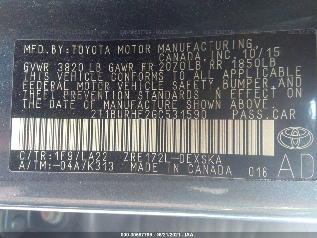 Photo 8 VIN: 2T1BURHE2GC531590 - TOYOTA COROLLA 