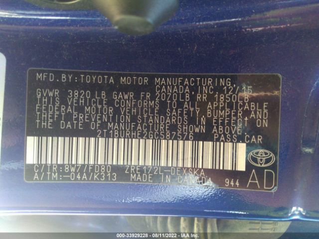 Photo 8 VIN: 2T1BURHE2GC587576 - TOYOTA COROLLA 