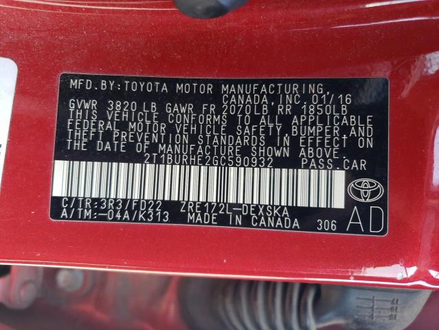 Photo 12 VIN: 2T1BURHE2GC590932 - TOYOTA COROLLA 