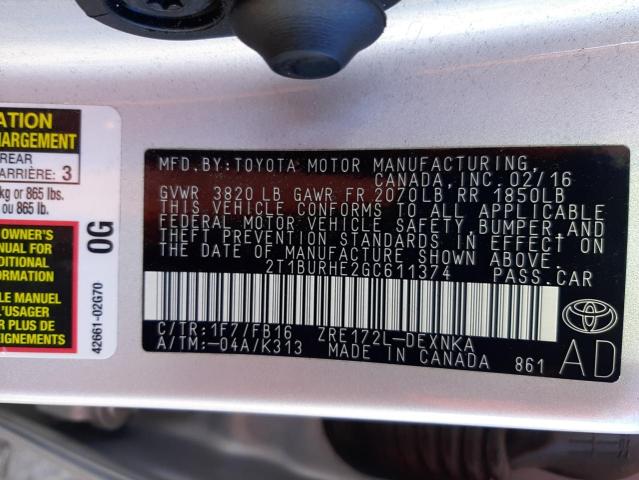 Photo 9 VIN: 2T1BURHE2GC611374 - TOYOTA COROLLA L 