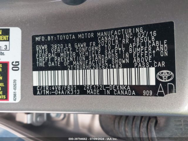 Photo 8 VIN: 2T1BURHE2GC621483 - TOYOTA COROLLA 