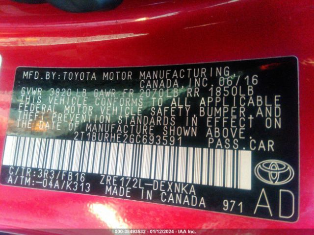 Photo 8 VIN: 2T1BURHE2GC693591 - TOYOTA COROLLA 