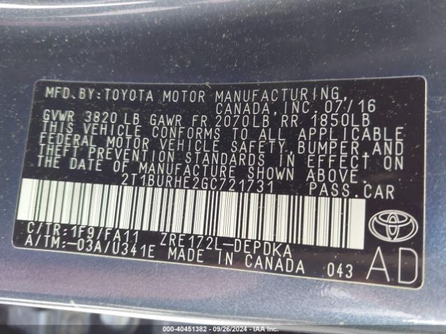 Photo 8 VIN: 2T1BURHE2GC721731 - TOYOTA COROLLA 