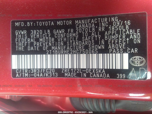 Photo 8 VIN: 2T1BURHE2HC750065 - TOYOTA COROLLA 