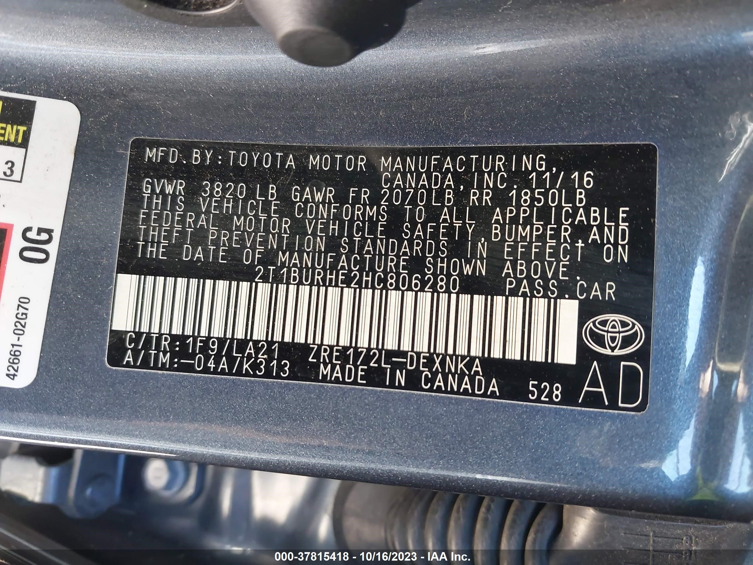 Photo 8 VIN: 2T1BURHE2HC806280 - TOYOTA COROLLA 