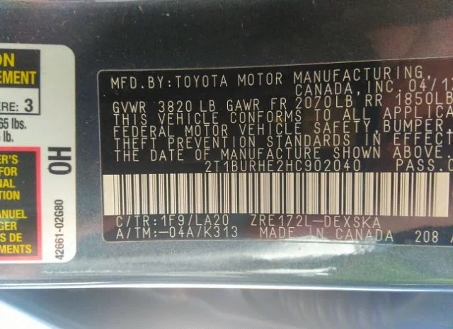 Photo 8 VIN: 2T1BURHE2HC902040 - TOYOTA COROLLA 