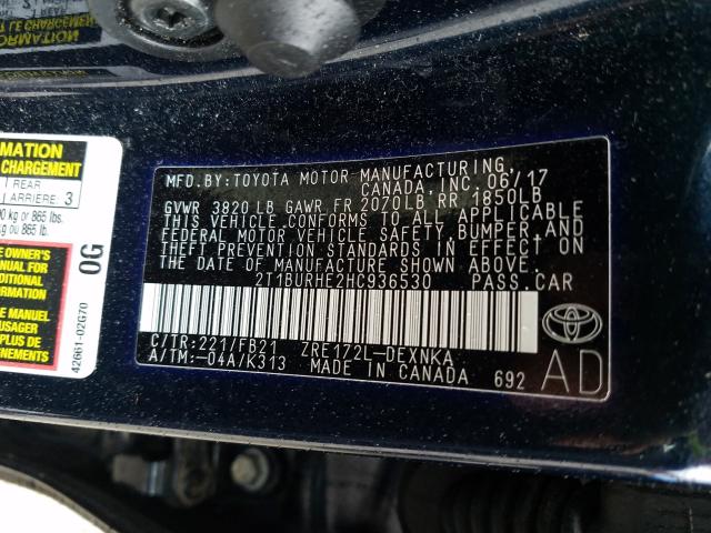 Photo 9 VIN: 2T1BURHE2HC936530 - TOYOTA COROLLA L 