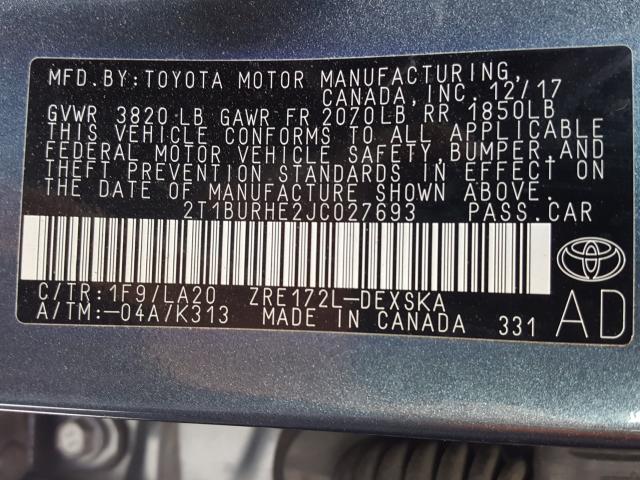 Photo 9 VIN: 2T1BURHE2JC027693 - TOYOTA COROLLA L 