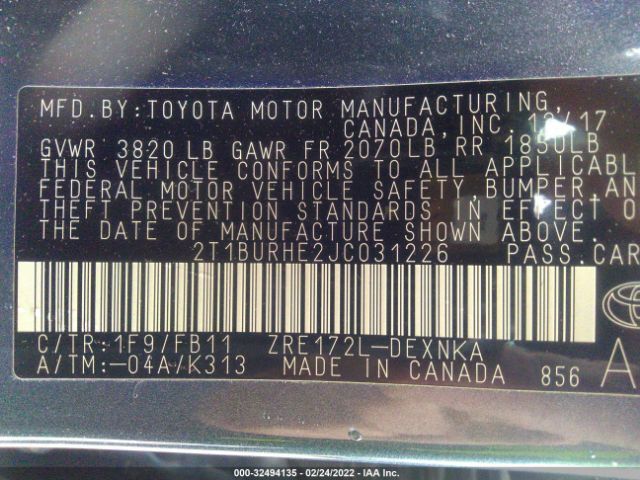 Photo 8 VIN: 2T1BURHE2JC031226 - TOYOTA COROLLA 