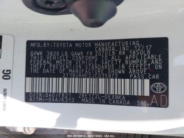 Photo 8 VIN: 2T1BURHE2JC035972 - TOYOTA COROLLA 