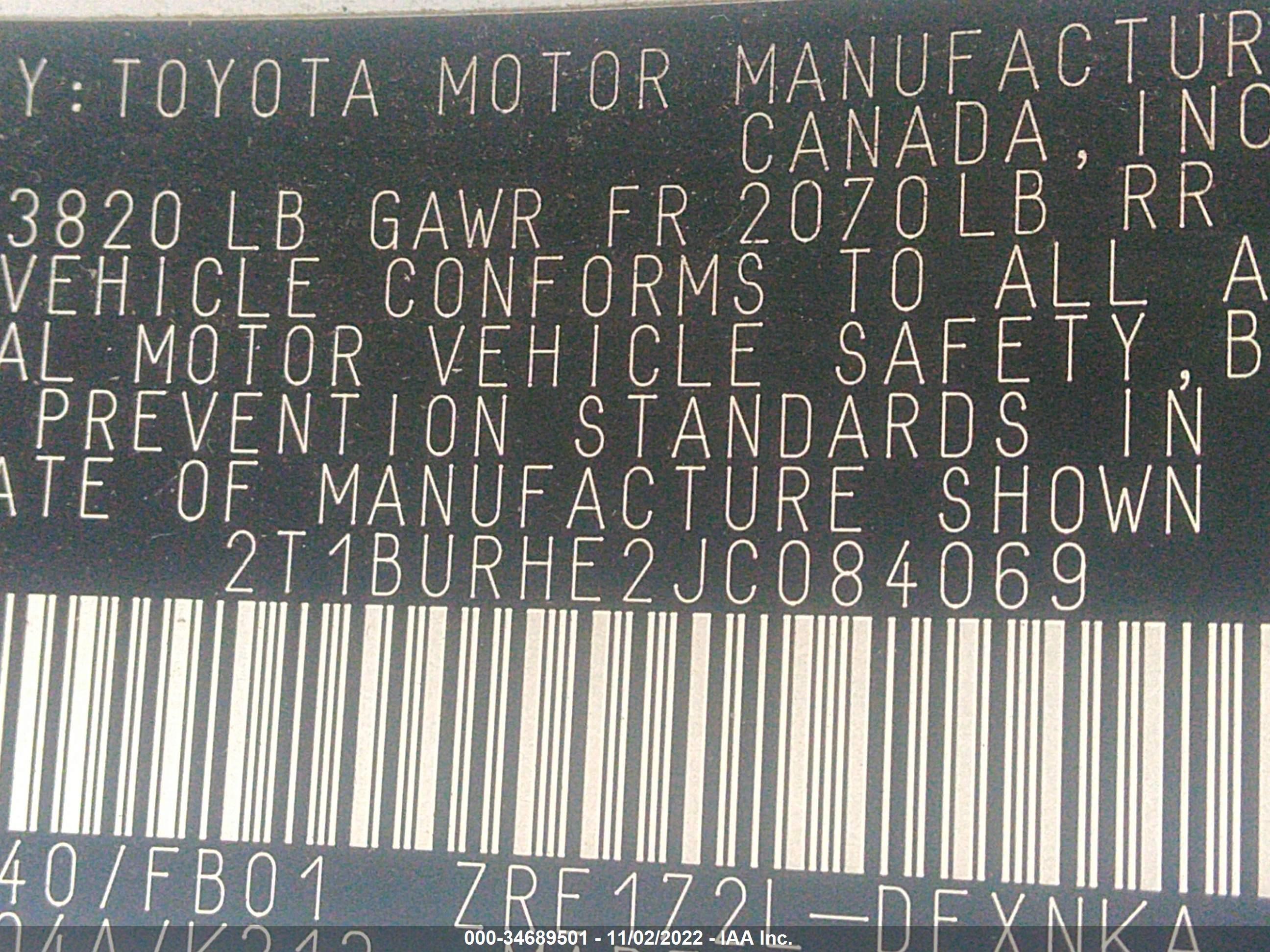 Photo 8 VIN: 2T1BURHE2JC084069 - TOYOTA COROLLA 