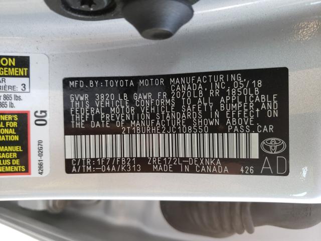 Photo 9 VIN: 2T1BURHE2JC108550 - TOYOTA COROLLA L 