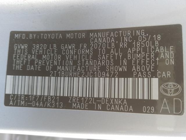 Photo 9 VIN: 2T1BURHE2JC109472 - TOYOTA COROLLA L 