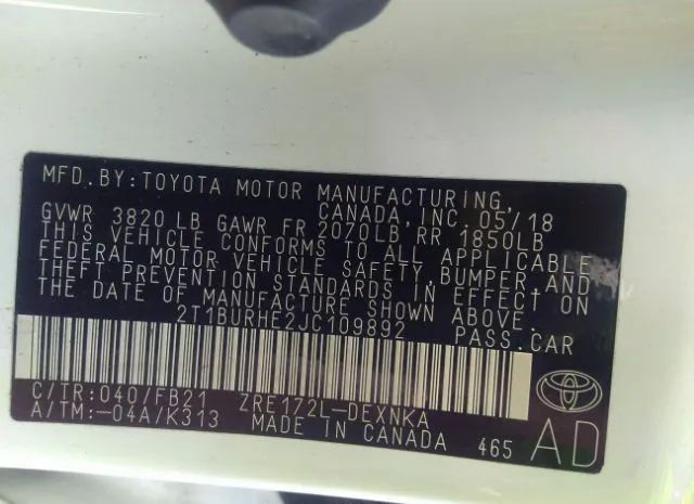 Photo 8 VIN: 2T1BURHE2JC109892 - TOYOTA COROLLA 