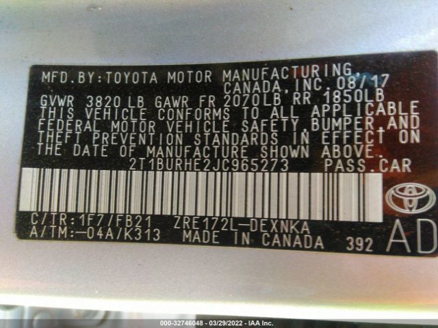 Photo 8 VIN: 2T1BURHE2JC965273 - TOYOTA COROLLA 