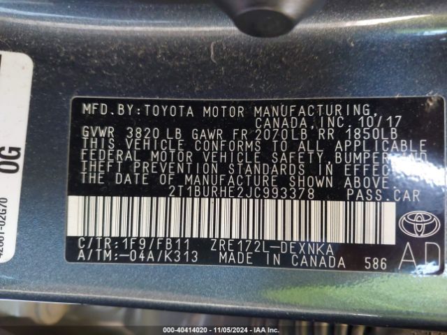 Photo 8 VIN: 2T1BURHE2JC993378 - TOYOTA COROLLA 