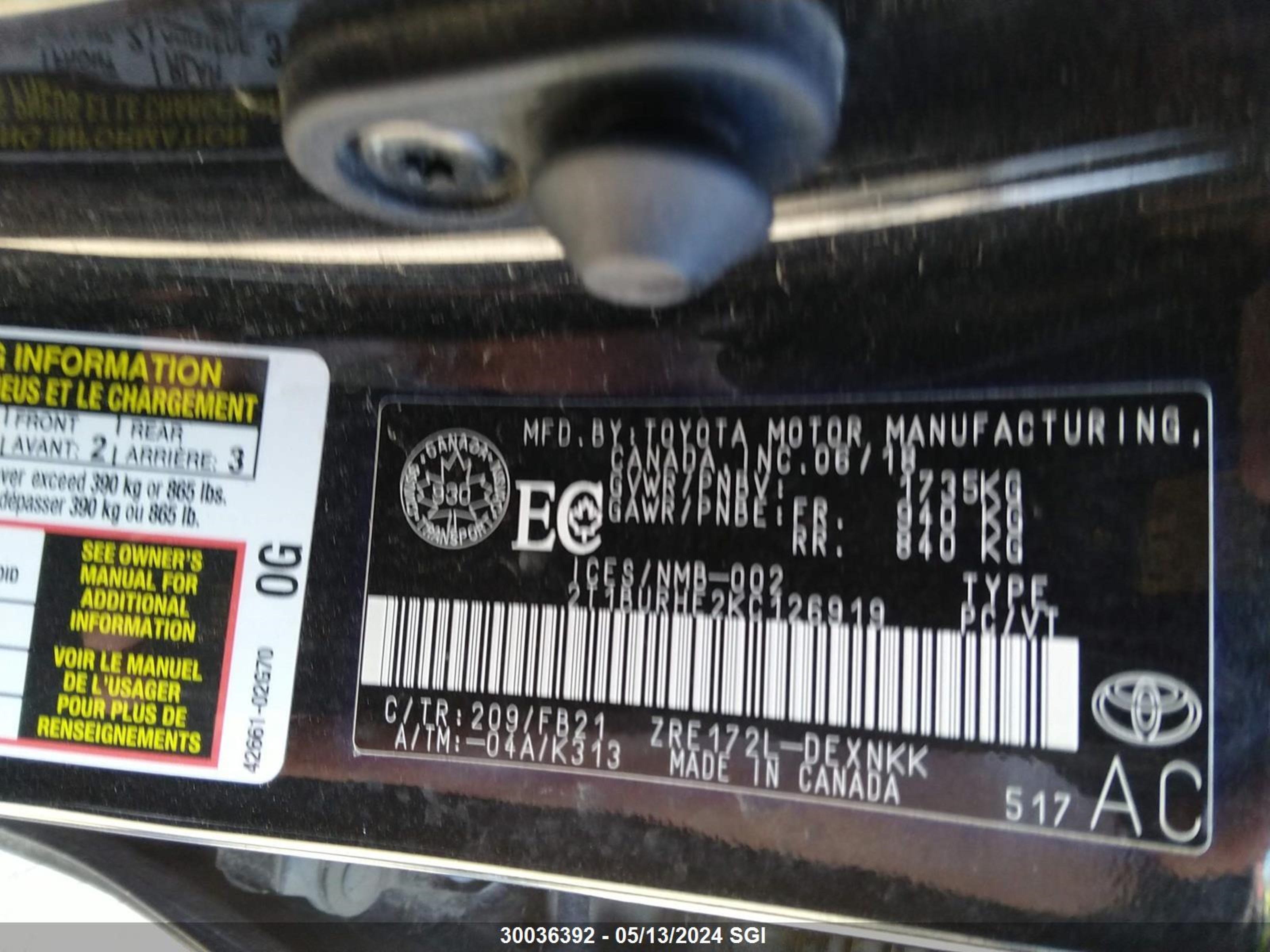 Photo 8 VIN: 2T1BURHE2KC126919 - TOYOTA COROLLA 