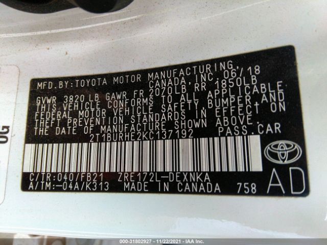 Photo 8 VIN: 2T1BURHE2KC137192 - TOYOTA COROLLA 