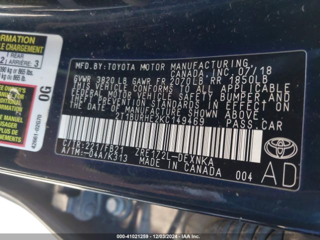 Photo 8 VIN: 2T1BURHE2KC149469 - TOYOTA COROLLA 