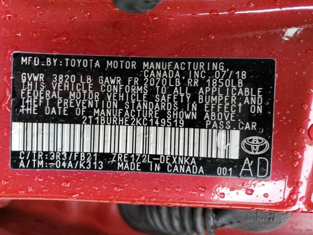 Photo 12 VIN: 2T1BURHE2KC149519 - TOYOTA COROLLA L 