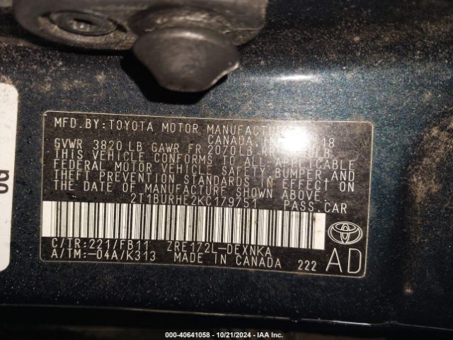 Photo 8 VIN: 2T1BURHE2KC179751 - TOYOTA COROLLA 