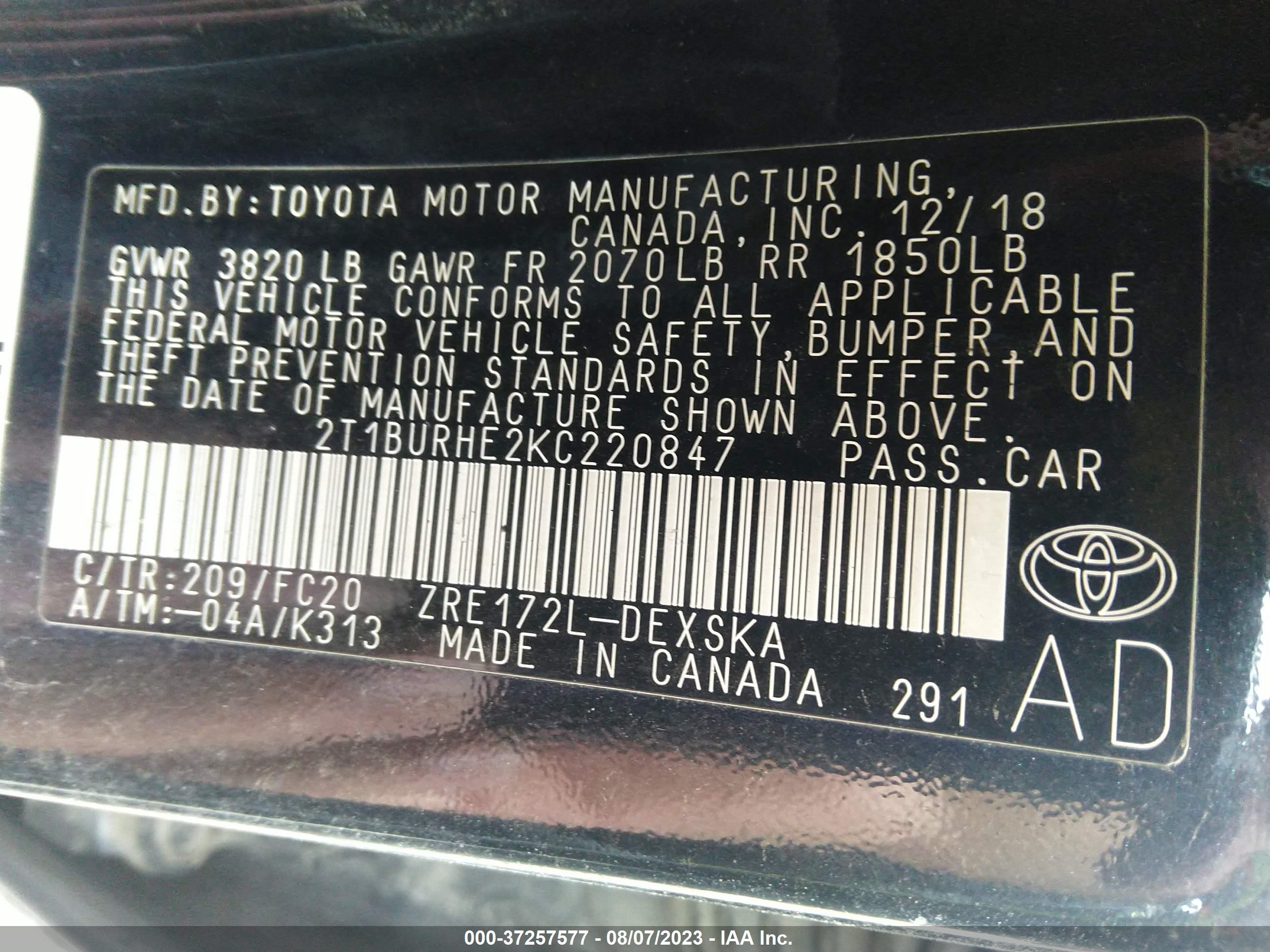 Photo 8 VIN: 2T1BURHE2KC220847 - TOYOTA COROLLA 