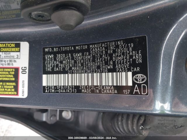 Photo 8 VIN: 2T1BURHE2KC239706 - TOYOTA COROLLA 