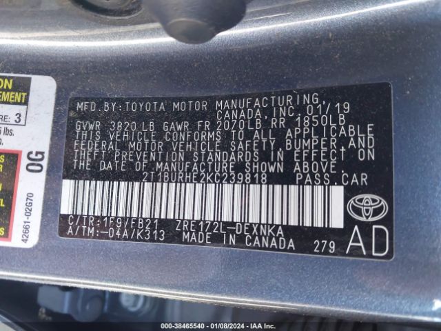 Photo 8 VIN: 2T1BURHE2KC239818 - TOYOTA COROLLA 