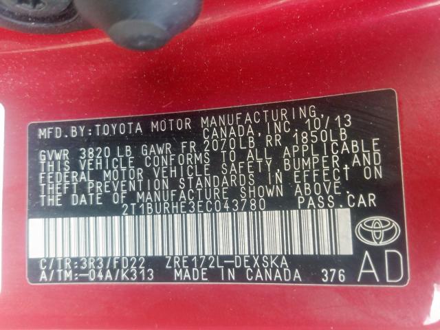 Photo 9 VIN: 2T1BURHE3EC043780 - TOYOTA COROLLA L 