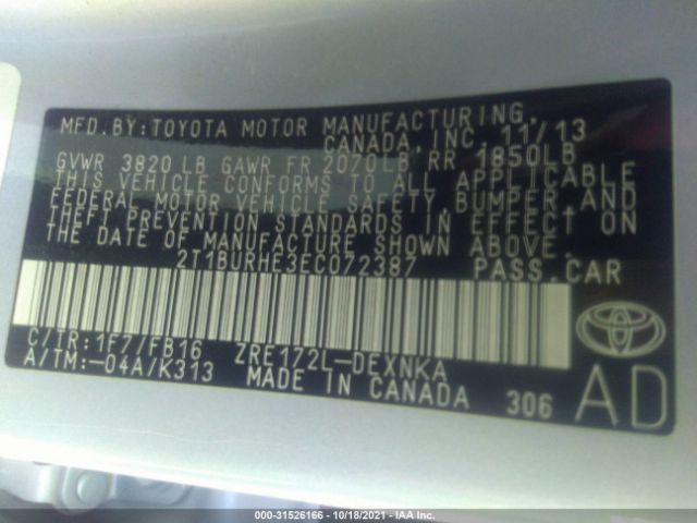 Photo 8 VIN: 2T1BURHE3EC072387 - TOYOTA COROLLA 