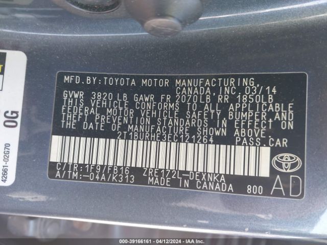 Photo 8 VIN: 2T1BURHE3EC121264 - TOYOTA COROLLA 