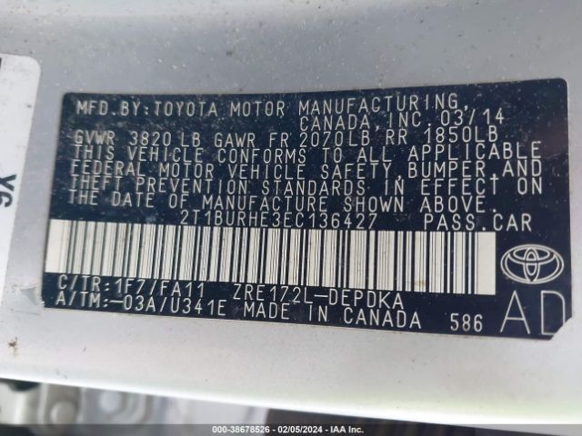 Photo 8 VIN: 2T1BURHE3EC136427 - TOYOTA COROLLA 