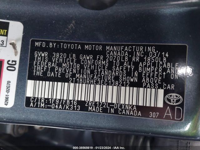 Photo 8 VIN: 2T1BURHE3EC138212 - TOYOTA COROLLA 