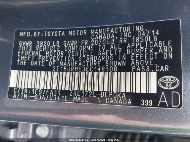 Photo 8 VIN: 2T1BURHE3EC148108 - TOYOTA COROLLA 