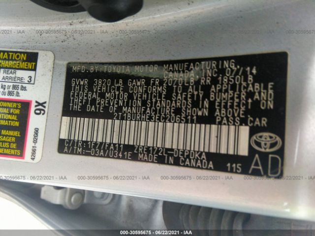 Photo 8 VIN: 2T1BURHE3EC206511 - TOYOTA COROLLA 