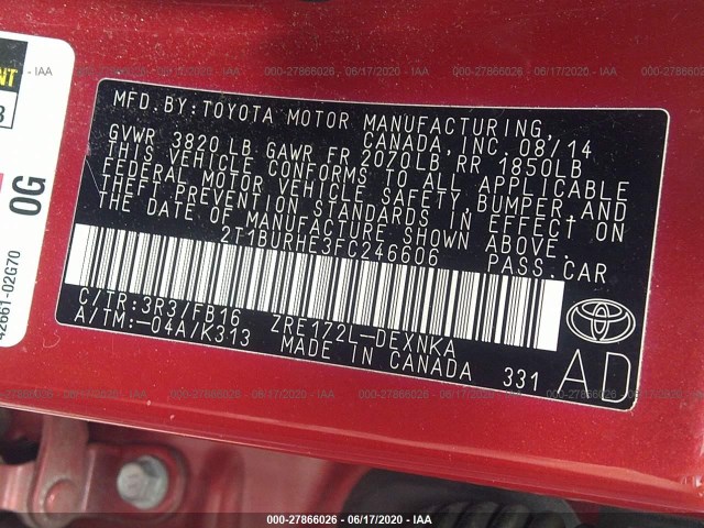 Photo 8 VIN: 2T1BURHE3FC246606 - TOYOTA COROLLA 