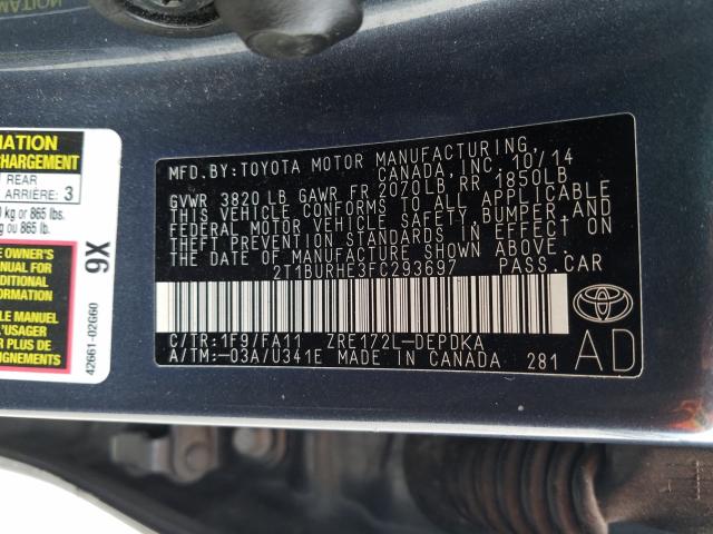 Photo 9 VIN: 2T1BURHE3FC293697 - TOYOTA COROLLA L 