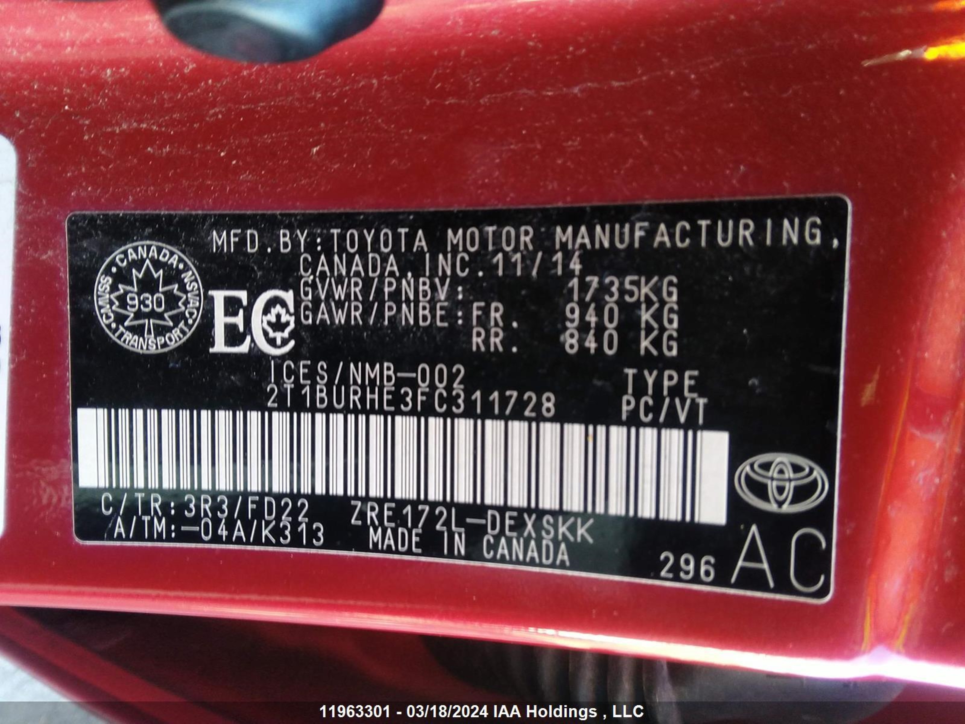 Photo 8 VIN: 2T1BURHE3FC311728 - TOYOTA COROLLA 