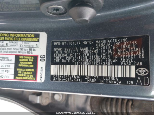 Photo 8 VIN: 2T1BURHE3FC343885 - TOYOTA COROLLA 